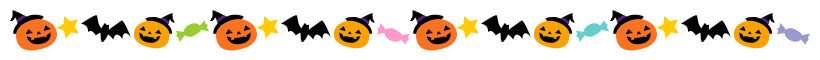 ハロウィン（かぼちゃとコウモリ）のライン飾り罫線イラスト（W800×H40px）