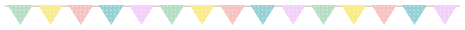 パステルカラーの三角旗（フラッグ）ライン飾り罫線イラスト＜ドット柄＞（W900×H40px）