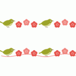 メジロと梅の花のライン飾り罫線イラスト