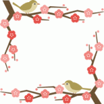 鶯（うぐいす）と梅の木のコーナーフレーム飾り枠イラスト