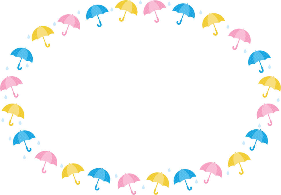 傘と雨滴のフレーム飾り枠イラスト（楕円形）