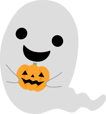 両手でかぼちゃを持ったハロウィンおばけ（ゴースト）のイラスト