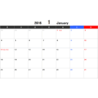 2016年（平成28年）エクセル月間カレンダー＜月曜始まり＞