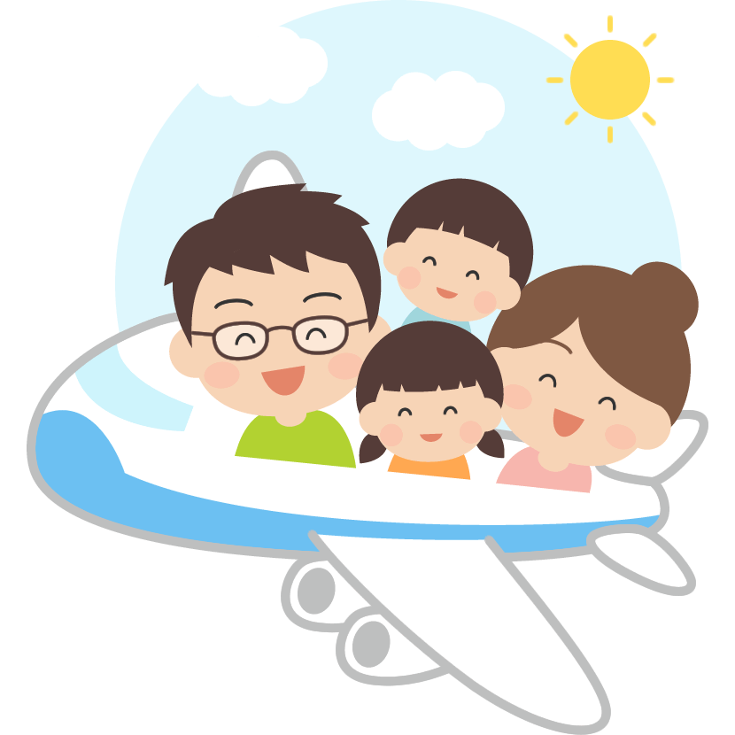 飛行機でドライブ・旅行をする家族のイラスト（GW・夏休み）
