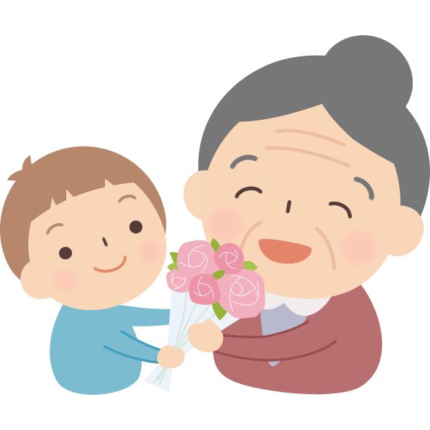 孫に花束をプレゼントされるおばあちゃんのイラスト