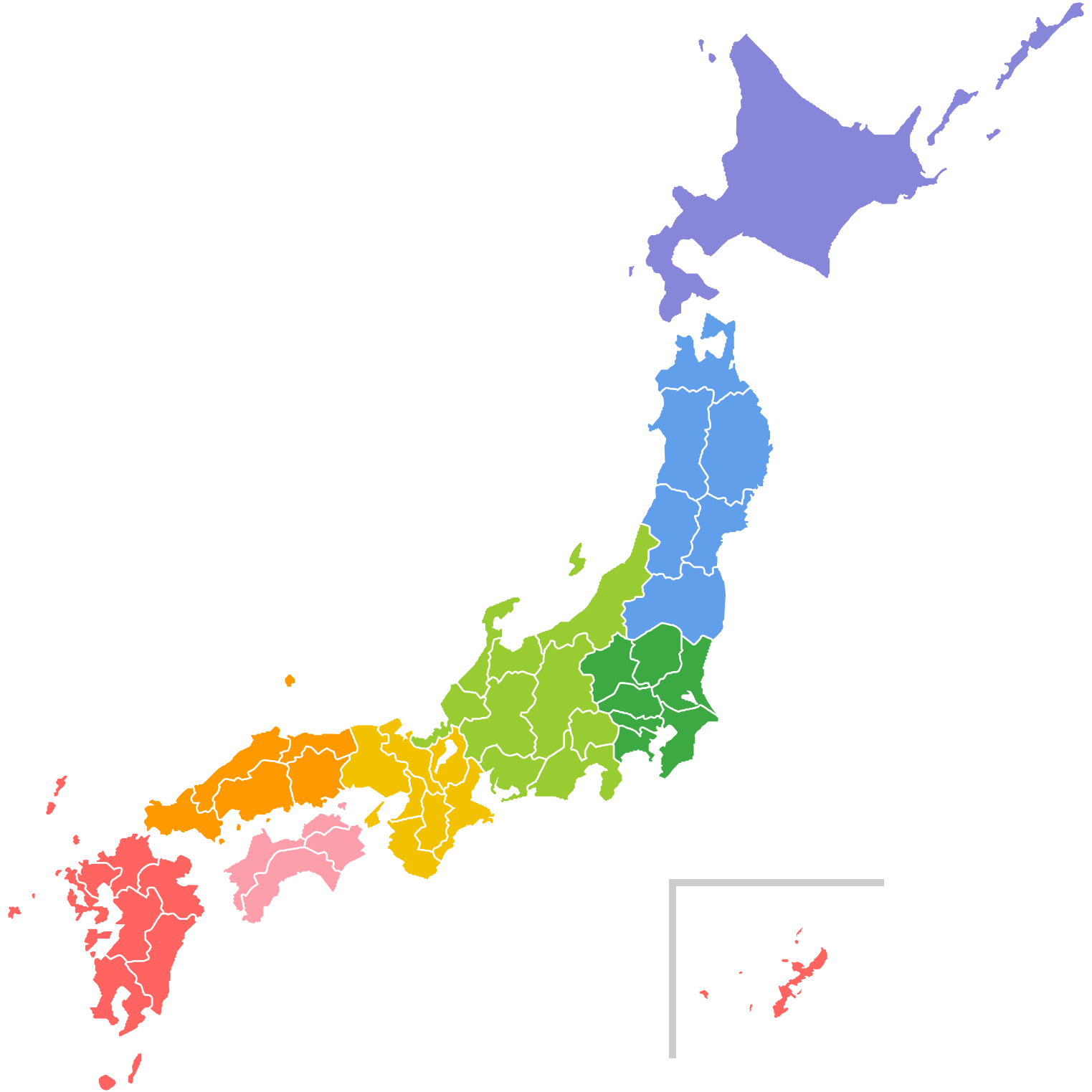 日本地図のイラスト（地方区分色分け）