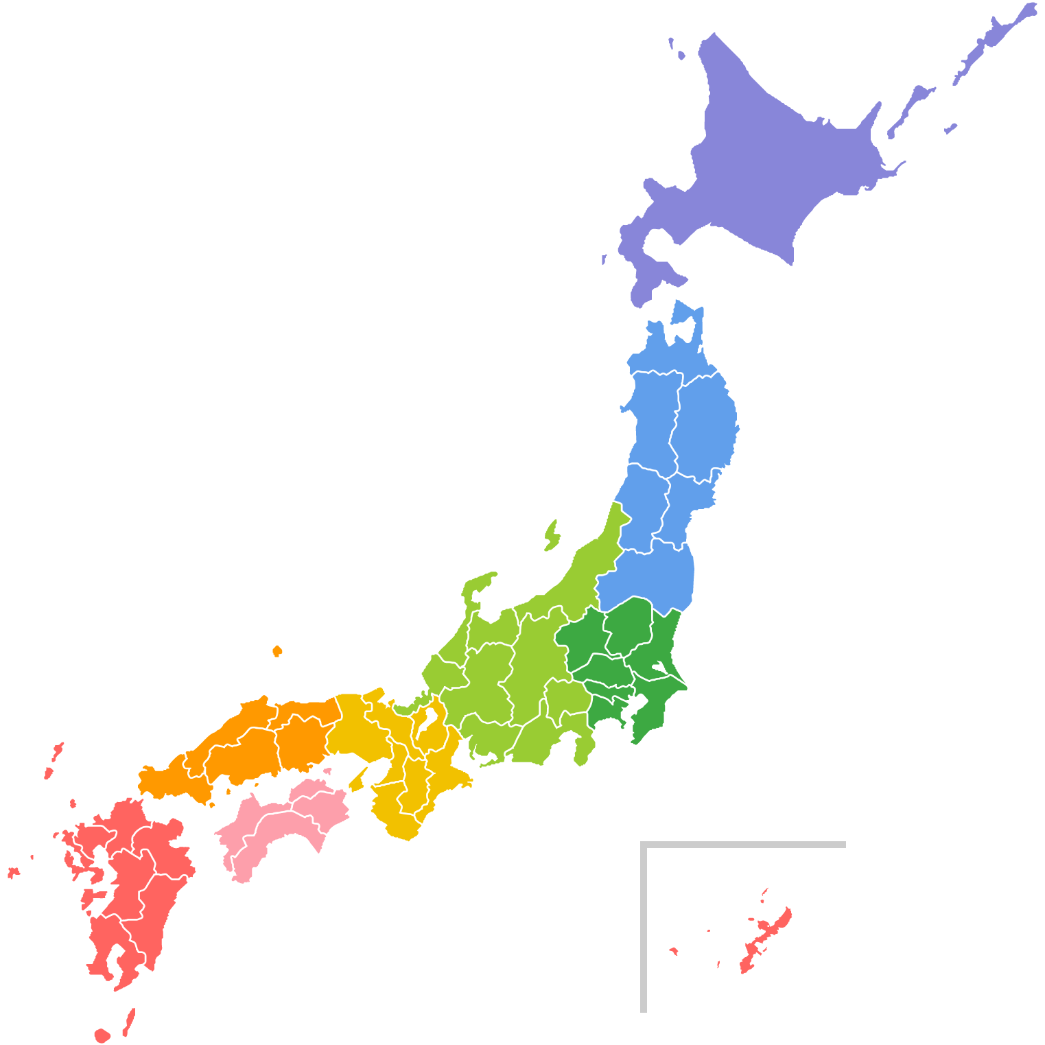 日本地図のイラスト 地方区分色分け 無料フリーイラスト素材集