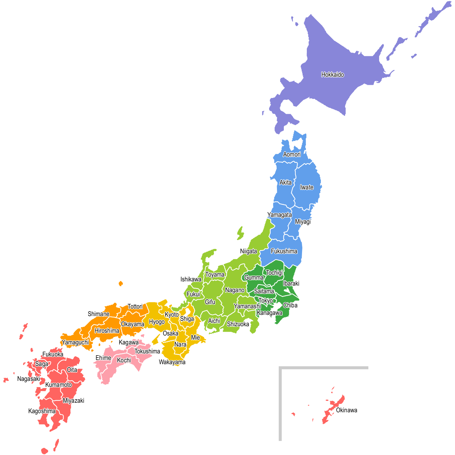 【英語表記：都道府県名入り】日本地図のイラスト（地方区分色分け）