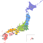 日本地図のイラスト（地方区分色分け：県庁所在地名入り）