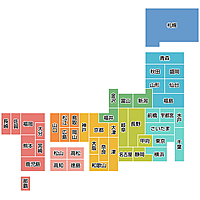 日本地図のデフォルメイラスト＜カラー：県庁所在地名入り＞