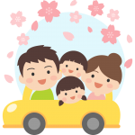車でお花見をする家族のイラスト