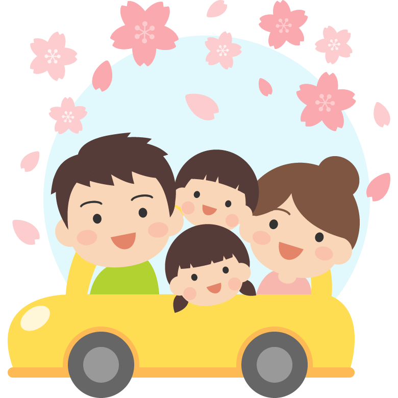 車でお花見をする家族のイラスト