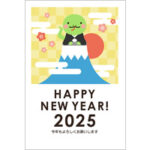 2025年賀状デザイン無料テンプレート「富士山に登ったかわいいヘビと初日の出」