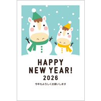 2026年賀状デザイン無料テンプレート「雪だるまになったかわいい馬の親子」