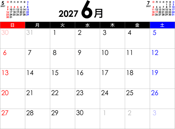 シンプルなPDFカレンダー2027年6月