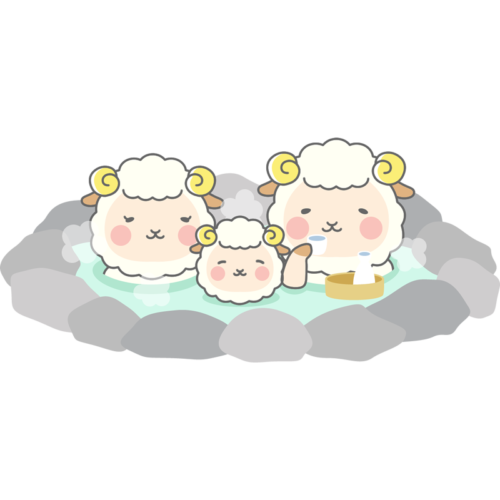露天風呂（温泉）に入る羊のイラスト