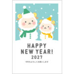 2027年賀状デザイン無料テンプレート「雪だるまになったかわいい羊の親子」
