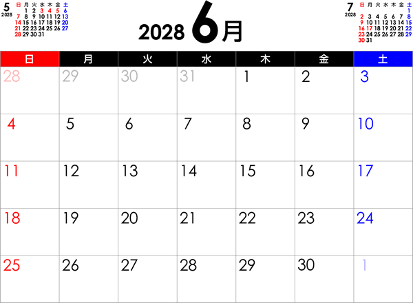 シンプルなPDFカレンダー2028年6月
